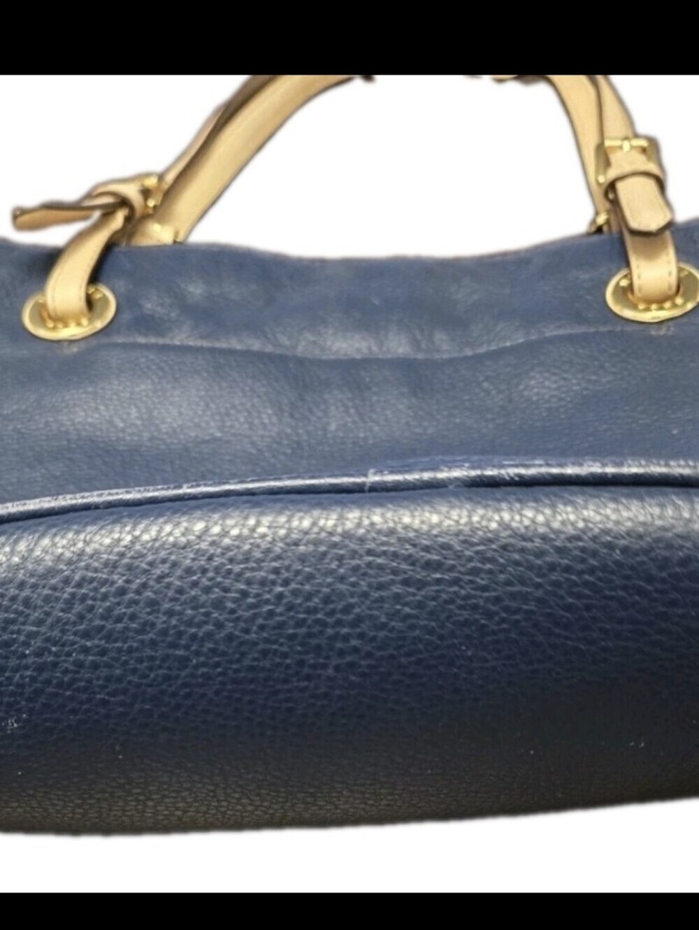 Michael Kors Navy Blue Pebbled Leather Tote Bag Tan Straps Gold Hardware - Picture 3 of 12